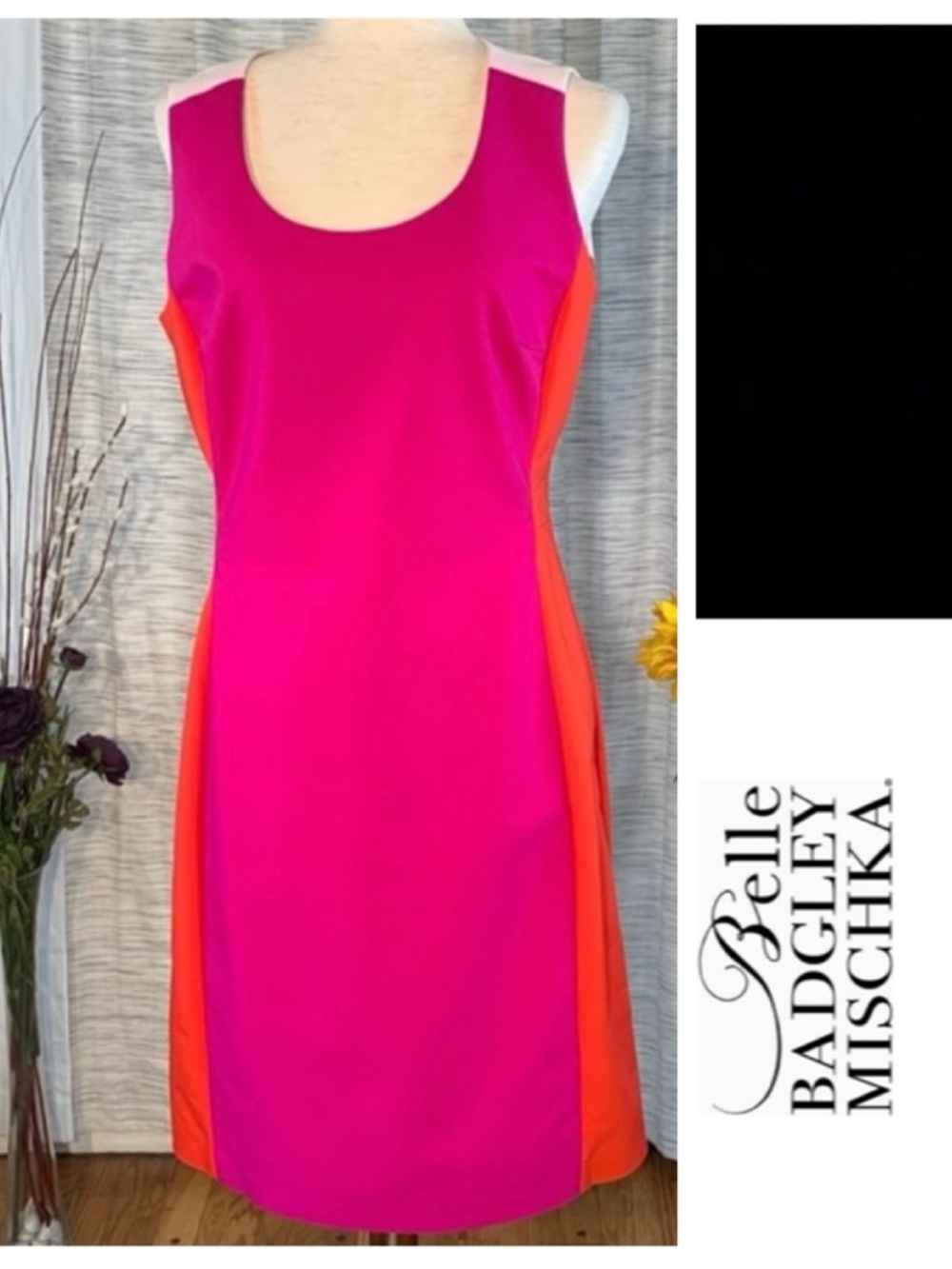 Belle Badgley Mischka pink-orange-white color block sleeveless sheath dress.